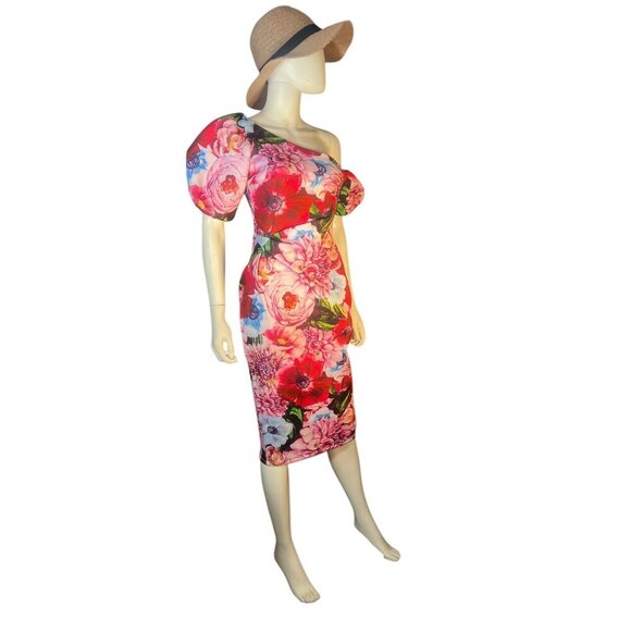 ASOS asymmetrical puff sleeve floral neoprene dress exaggerated hips sz 6 - Picture 8 of 10